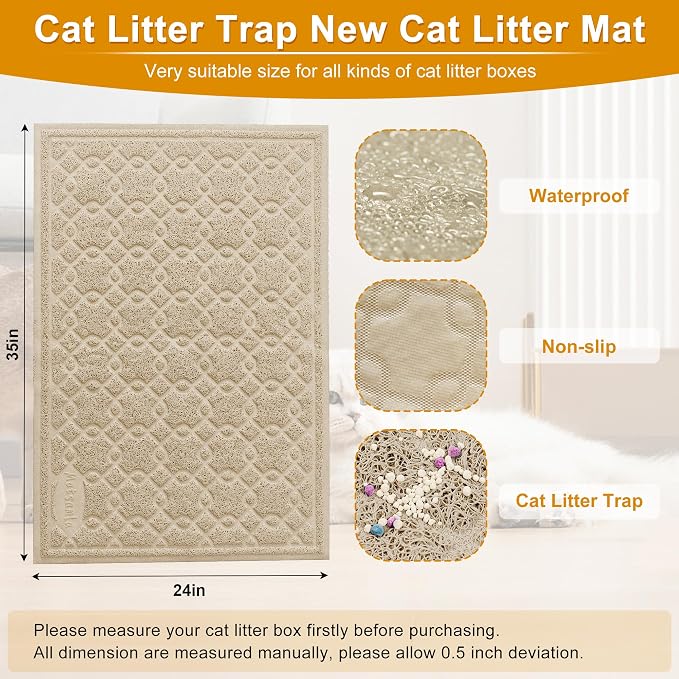 Cat Litter Box Mat, 35" x 24" Large Kitty Litter Trapping Mat Keep Floor Clean, Litter Box Mat Scatter Control, Waterproof, Easy to Clean, Durable Large Size Litter Mats for Floor - Image 2