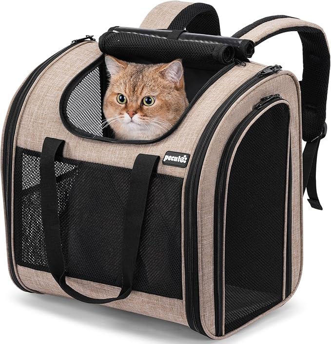 Pecute Cat Backpack with Widened Interior Space, Upgraded Dog Backpack Carrier with Various Ways to Carry, Pet Backpack with Breathable Mesh, Pet Travel Carrier with Soft Padded,Khaki | Breathable Mesh, Reinforced Support, Various Carry Ways, Ergonmic ... by pecute