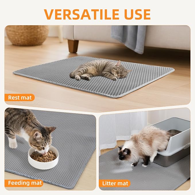 Cat Litter Mat 47"x33" Urine-Proof XL Litter Mat for Litter Box Mat | Large Double Layer Honeycomb Cat Mat, Soft kitty Cat Litter Trapping Mat, Easy Clean Rinse with Water Litter Trapping Grey - Image 8