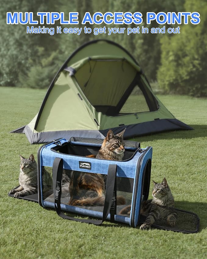 Soft-Sided Large Cat Carrier for 2 Cats, Spacious Foldable Pet Travel Carrier for Large Cats up to 25 Lbs, Double Cat Bag with Shoulder Strap, 20x13x13 Inch, Fits Maine Coon and Small Dogs, Blue | Spacious 20×13×13 in design with reinforced frame for o... - Image 7
