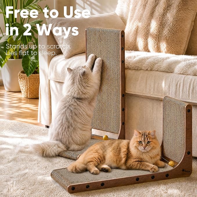 FUKUMARU Cat Scratcher 2 Packs, 25 Inch Cat Scratching Boards, L Shaped Pad | Cardboard Cat Scratcher for Indoor Cats, Vertical Scartch Pads with Ball Toy, Kitten Scratching Post Wall, Walnut Color - Image 4