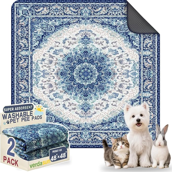 Washable Pee Pads for Dogs, Reusable Puppy Potty Training Pads, Ultra-Absorbent Thick Waterproof Leak-Proof Non-Slip Pads & Mat for Crate, Playpen, Floor, Whelping & Housebreaking , 2 Pack 48"x48" by Verdasun