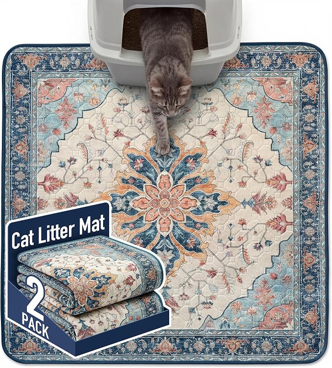 Hompet Cat Litter Mat 2 Pack, 36x36 Large Machine Washable Trapping Mats for Cats, Super Absorbent & Urine-Proof Cat Litter Box Mat for Floor, Waterproof & Non Slip Kitty Litter Rug by Hompet