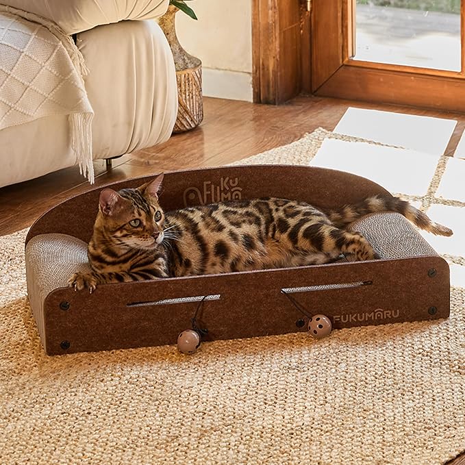 FUKUMARU Large Cat Scratcher Bed, 26 Inch Cat Scratching Bed Sofa Indoor | Cardboard Cat Scratcher with 2 Reversible Scratch Pad Refills, Durable Large Cat Scratching Lounger with Ball Toy, Caramel - Image 9