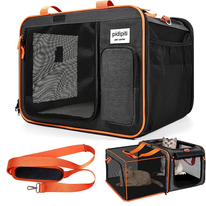 pidipiti 20x14x14 Expandable Large car Carrier for 1 Large /2 Medium Cats | pet Crate for Short Trip or Long road Travel,with zipper lock,pockets,good Visibility,leakproof. by pidipiti