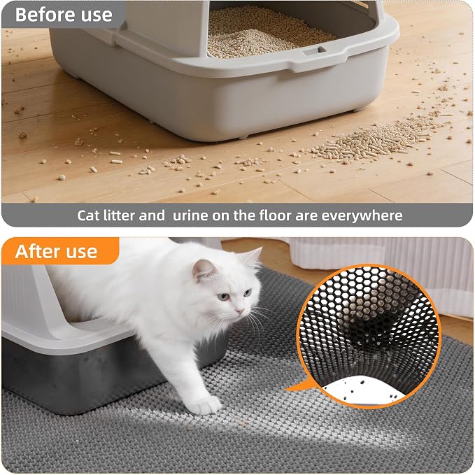 Cat Litter Mat 47"x33" Urine-Proof XL Litter Mat for Litter Box Mat | Large Double Layer Honeycomb Cat Mat, Soft kitty Cat Litter Trapping Mat, Easy Clean Rinse with Water Litter Trapping Grey - Image 7
