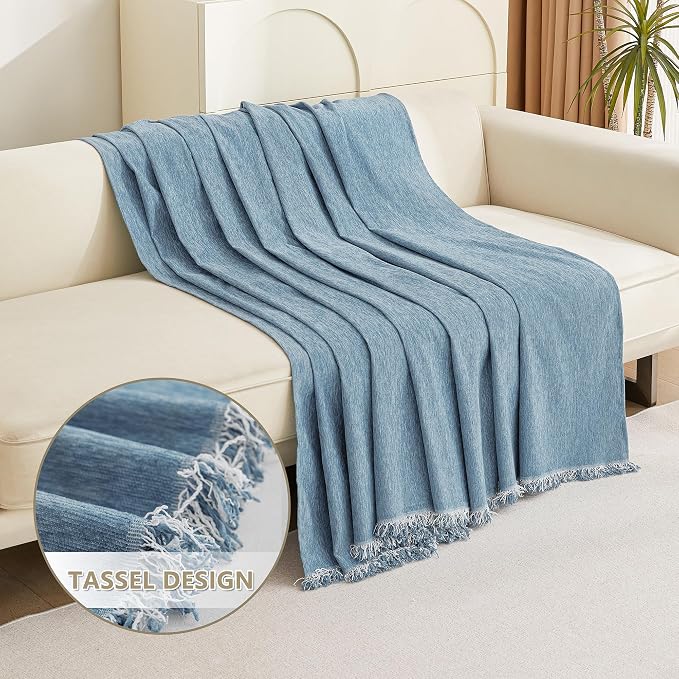 MYSKY HOME Chenille Couch Cover, Sofa Slipcover for 2-3 Cushion Sectional Couch, Machine Washable Soft Furniture Protector with Tassels, Futon Sofa Covers, Throw for Dogs, Kids 71" x 150", Blue - Image 3
