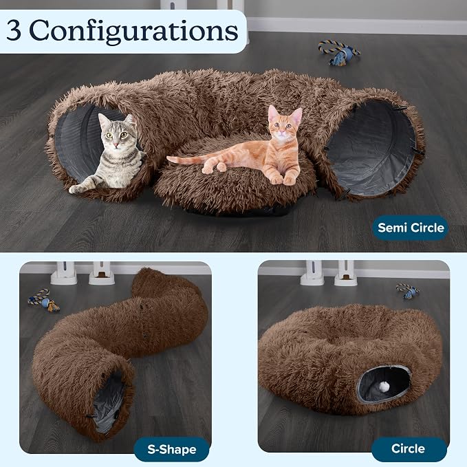 Cat Tunnel with Bed for Indoor Cats - 3FT Multifunctional Cat Tunnel Bed with Toys - Soft, Plush Peekaboo Cat Cave for Kittens, Cats, Ferrets, and Rabbits - Cat Products by PETMAKER (Brown) - Image 2