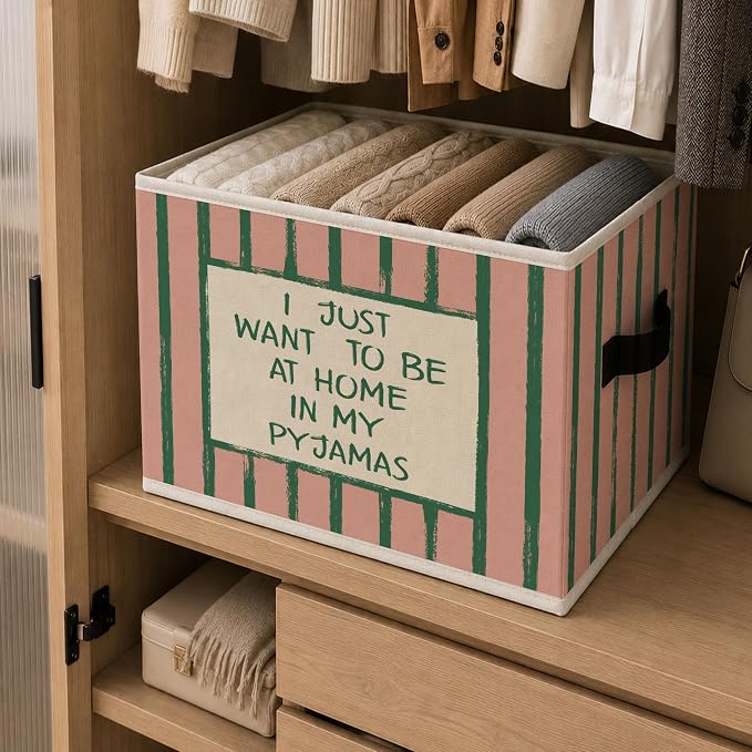 Cozy Home Quote Storage Bins Box with Handles, Lazy Day Collapsible Storage Basket, Retro Striped Foldable Basket for Organizing Playroom Nursery Bedroom Toys Books Clothes - Image 6