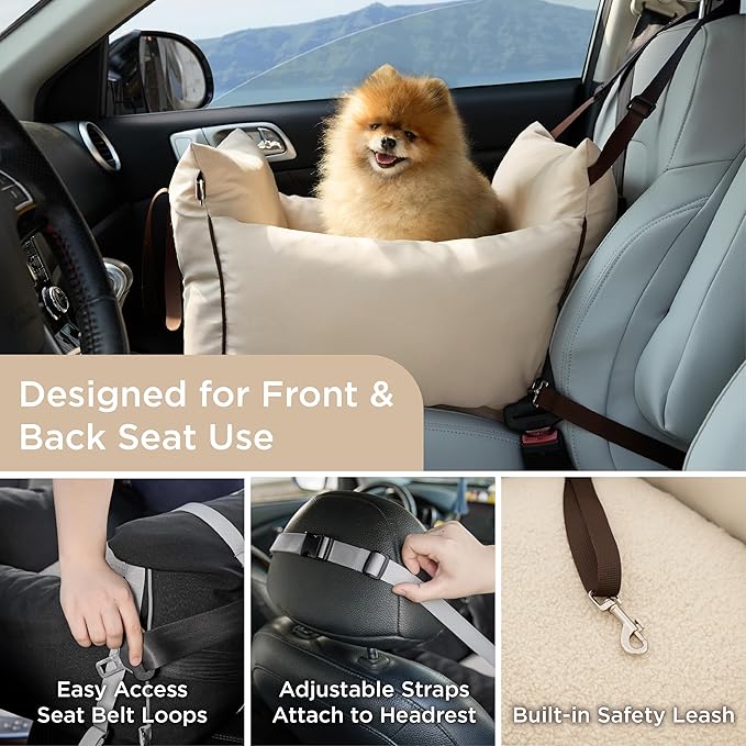 Lesure Dog Car Seat for Small Dogs,Booster Car Bed for Puppy Under 25lbs | Soft Pet Carseat with Clip-On Safety Leash and Thickened Memory Foam Filling,Dog Travel Carrier Bed with Storage Pocket,Beige - Image 2