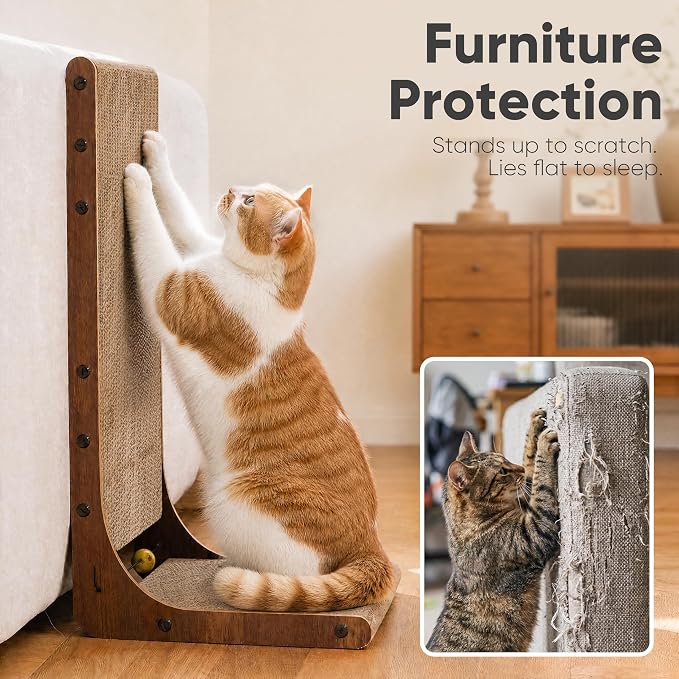 FUKUMARU Cat Scratcher 2 Packs, 25 Inch Cat Scratching Boards, L Shaped Pad | Cardboard Cat Scratcher for Indoor Cats, Vertical Scartch Pads with Ball Toy, Kitten Scratching Post Wall, Walnut Color - Image 8