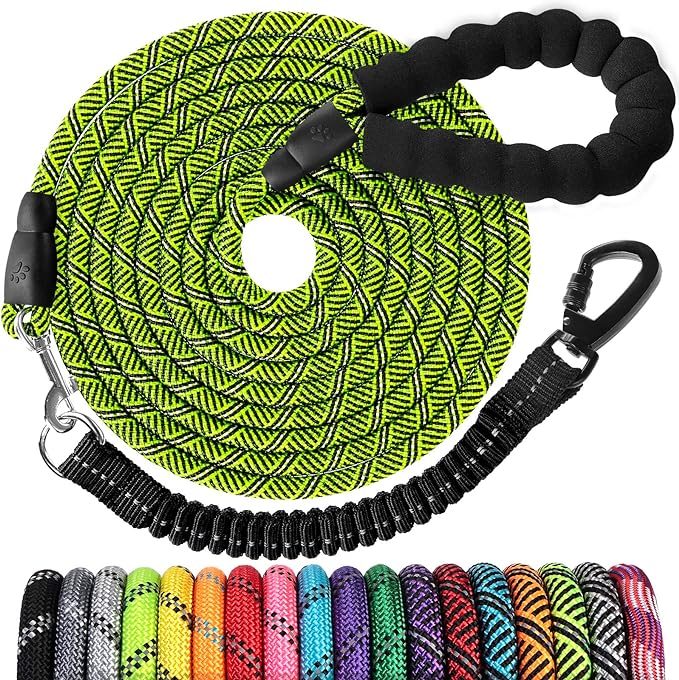Long Dog Leash 20 FT: Heavy Duty Rope Leashes for Dogs Training with Swivel Lockable Hook Reflective Threads Bungee and Padded Handle - Dog Lead for Large Small Medium Dogs Outside Walking Hiking by jenico