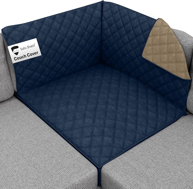 Sofa Shield® Couch Sectional Corner Slip Cover with Strap, Navy Sand | Reversible Furniture Protector, Stain and Tear Resistant Cushion Cover, Machine Washable Slipcover for Pets, Cats 70 inch by SofaShield