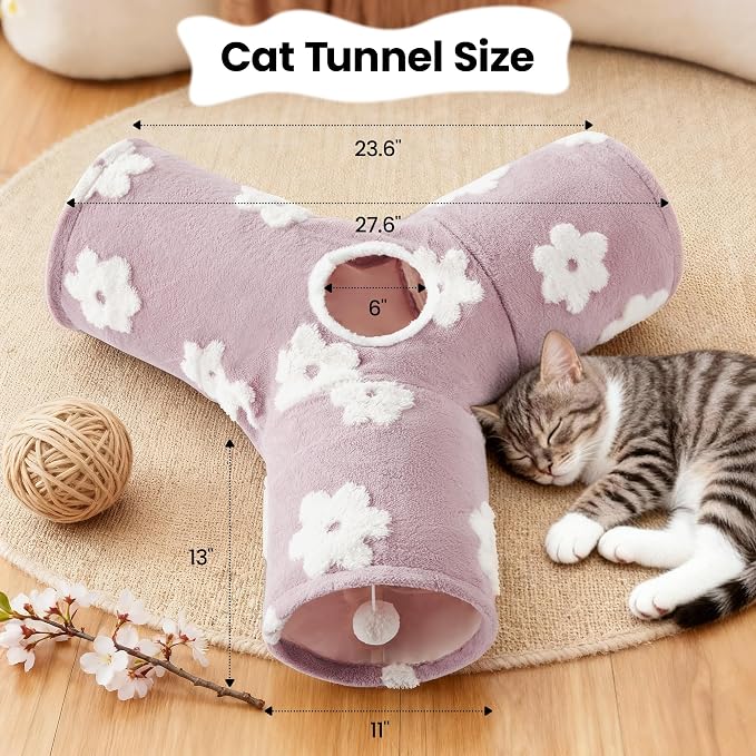 Tempcore Flannel Cat Tunnel for Indoor Cats, 3 Way Collapsible Pet Play Tunnel with Teaser Wand, Peek Holes & Hanging Ball, Interactive Tube for Kittens & Rabbits, Daisy Burlwood - Image 2