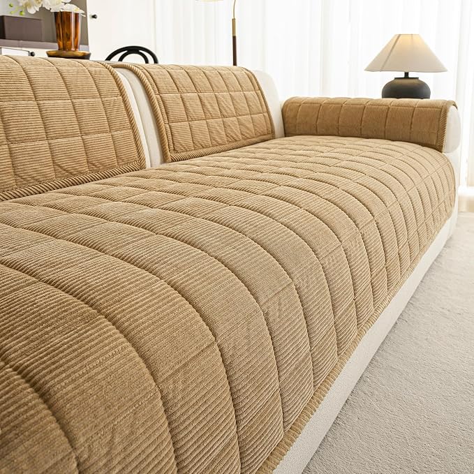 Couch Covers for Sectional Sofa, L Shaped Modular Couch Cover | 35”x63” Light Brown Velvet Non Slip Sofa Covers Washable for Loveseats, Couch Protect Against Pet Hair, Scratches & Stains by PJLZJFBY