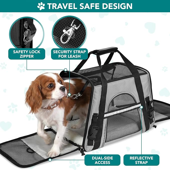 PetAmi Airline Approved Pet Carrier for Cats & Small Dogs, Large Light Gray | Soft Sided TSA Travel Bag, Sherpa Bed, Breathable Mesh Ventilation, Collapsible Bowl, Fits Under Seat, Up to 18 lbs - Image 4