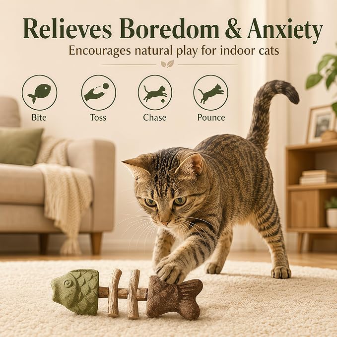 Catnip and Silvervine Chew Toy for Cats (3 PCS, Mixed Flavor) | Natural Fishbone Cat Dental Toy with Silvervine Sticks, Teeth Cleaning, Boredom Relief for Kittens & Adult Indoor Cats - Image 6