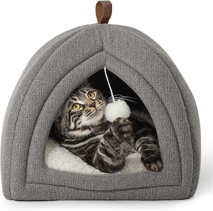 Bedsure 2in1 Cat Beds for Indoor Cats Cave for Kitten with Washable Pillow | 16in, Cat House for Small Pet, Covered Cat Tent, Foldable Hideaway, Fluffy Ball, Anti Slip Bottom, Removable Cushioned ,Grey by Unknown