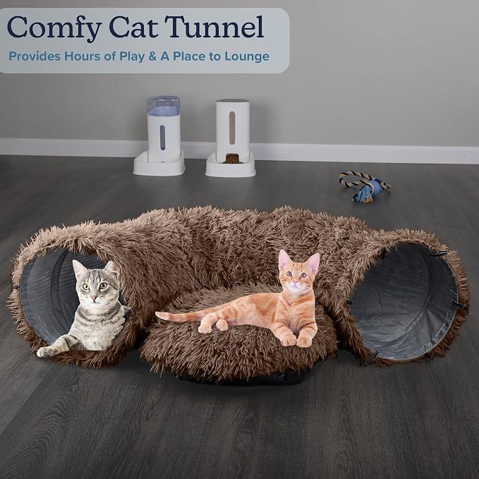 Cat Tunnel with Bed for Indoor Cats - 3FT Multifunctional Cat Tunnel Bed with Toys - Soft, Plush Peekaboo Cat Cave for Kittens, Cats, Ferrets, and Rabbits - Cat Products by PETMAKER (Brown) - Image 3