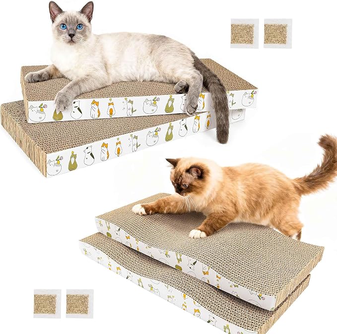 PatiencET Cat Scratcher Cardboard Pads, 4-Pack Mixed Flat and Wavy | Flat and Curved Profiles, Four-Piece Variety, Stretching and Lounging, Catnips Included by patiencET
