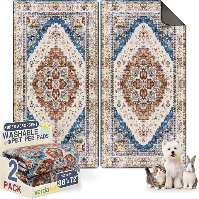 Washable Pee Pads for Dogs, Reusable Puppy Potty Training Pads, Ultra-Absorbent Thick Waterproof Leak-Proof Non-Slip Pads & Mat for Crate, Playpen, Floor, Whelping & Housebreaking , 2 Pack 36"x72" by Verdasun