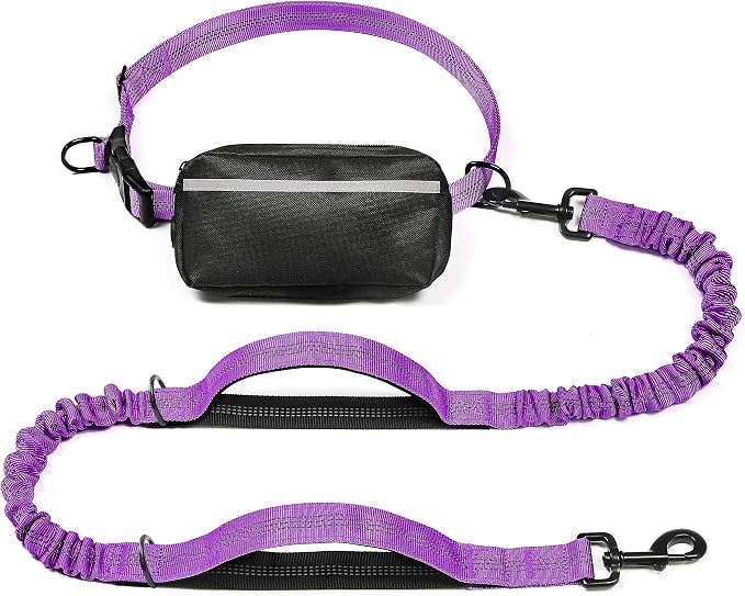Hands Free Dog Leash with Zipper Pouch, Large, 25-120 lbs, Purple | Waist Leash, Dual Padded Handles, Shock-Absorbing Bungee, Adjustable Waist Belt, Walking and Running by iYoShop