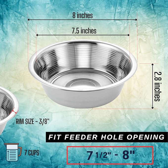 Pet Feeder Stainless Steel Dog Bowls Replacement 8" Diameter 2-Pack | Food Bowl, Water Metal Bowls 7 Cups for Raised Feeder with Opening 7.5"- 8" - Image 5