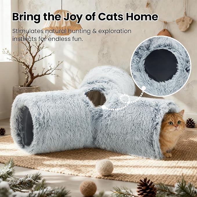 Tempcore Plush Cat Tunnel for Indoor Cats, 3 Way Collapsible Pet Play Tunnel with Teaser Wand, Peek Holes & Hanging Ball, Interactive Tube for Kittens & Rabbits, Light Grey - Image 4