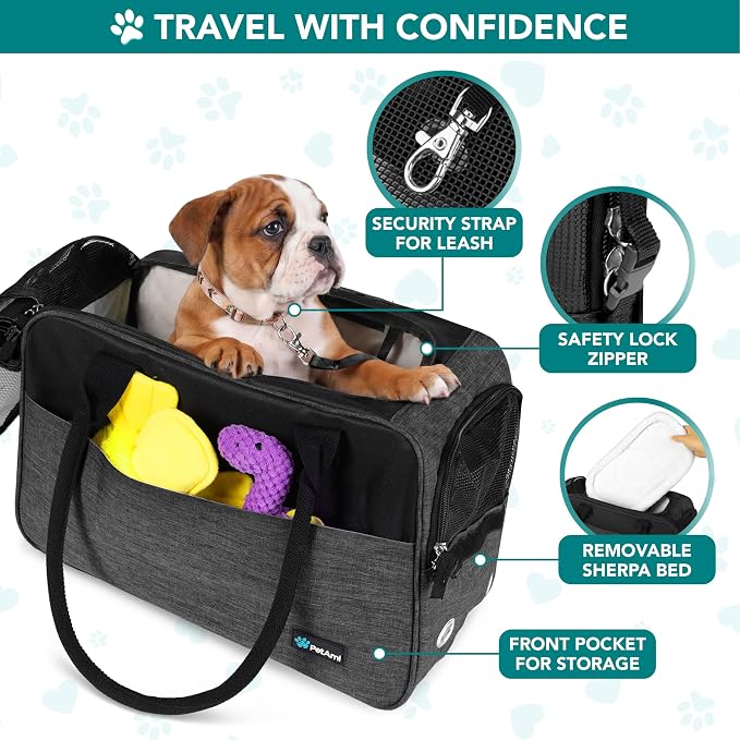 PetAmi Dog Purse Carrier for Small Dogs Cats, TSA Airline Approved Soft-Sided Pet Carrier with Pockets, Ventilated Travel Tote Bag with Bed & Shoulder Strap, Puppy Kitten, Max 12 lbs, Heather Charcoal - Image 3