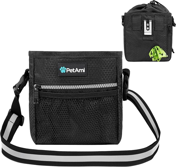 PetAmi Dog Treat Pouch, Pet Treat Pouch for Training, Dog Walking Bag Holder for Kibbles, Pet Food Toy, Dog Trainer Essentials Supplies, Poop Bag Dispenser, 3 Ways to Wear (Black) by PetAmi
