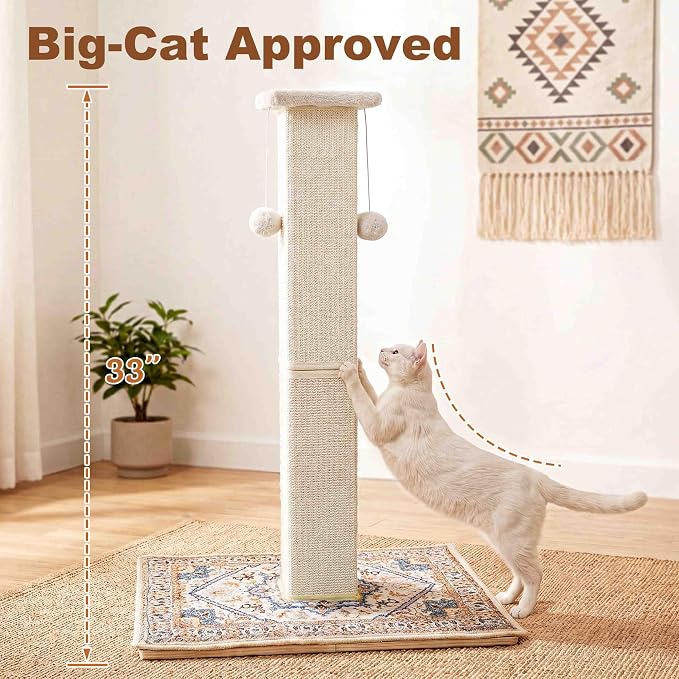 Tall Cat Scratching Post for Indoor Cats Adults with Carpet, White | 33 Inch, Large Cat Post with Perch, Heavy Duty&Stable, Sisal Rope, Cute Cat Scratcher with Boho Carpet & Dangling Ball Toys - Image 2