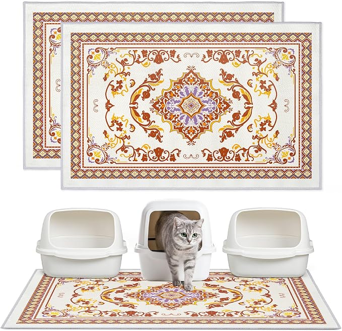2 Pack Washable Cat Litter Mat 48"x36" Waterproof Trapping Pad | Kitty Litter Box Mat Featuring A Non-Slip Base And Decorative Design To Trap Scatter For Home Floor Protection by Hedgeink