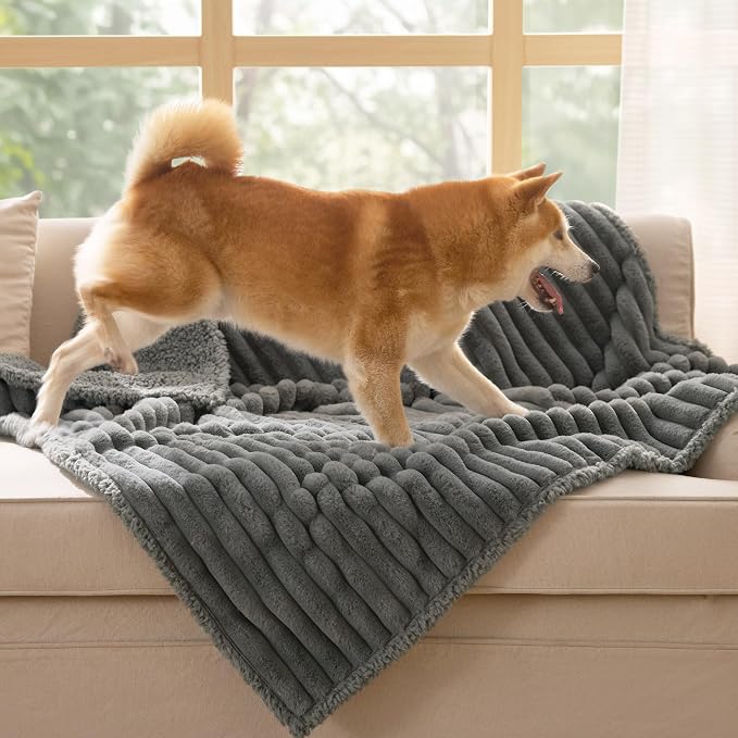 Bedsure ComfyFleece™ Waterproof Dog Blankets for Large Dogs,40x50 | Soft Plush Couch Cover,Washable Corduroy Fleece for Furniture Protector,Cozy Calming Reversible Pet Blanket, Warm Grey - Image 5
