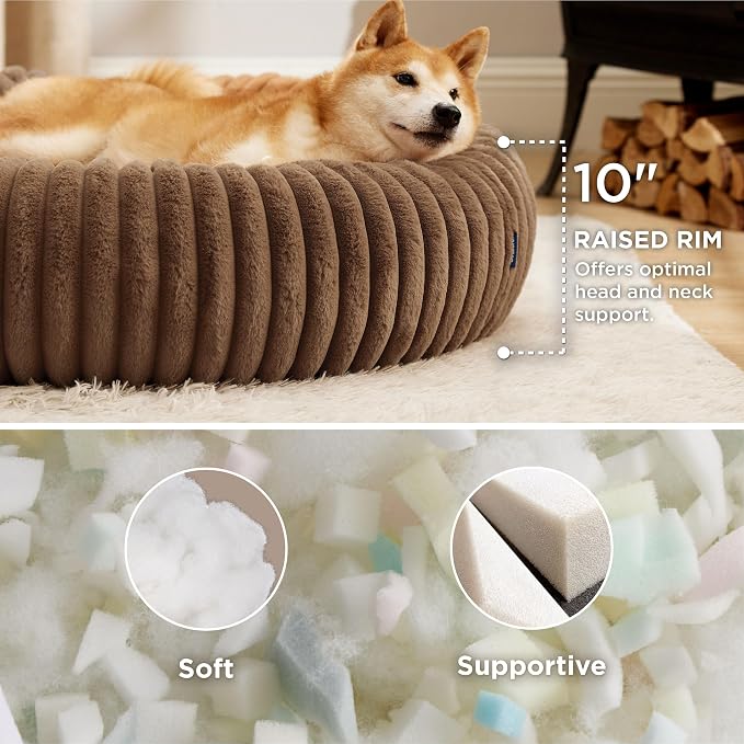Bedsure ComfyFleece™ Donut Large Dog Bed - Washable Faux Fur with Corduroy Fleece & Anti Slip Bottom, Round Pet Bed with Removable Cover, Camel Brown, 36x36x8 inches | 36x36x8in,Calming Round Pet Bed,Support Plush , with Removable Corduroy Fleece for B... - Image 2