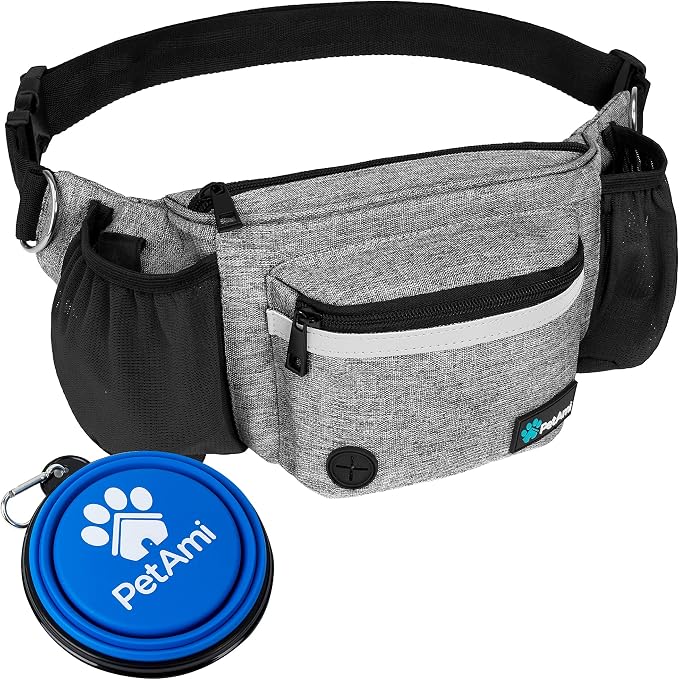 PetAmi Dog Fanny Pack, Treat Pouch for Dog Walking Training, Light Gray | Built in Poop Bag Dispenser, Water Bottle Holder, Collapsible Bowl, Pet Treat Waist Belt for Hiking Running Kibbles by PetAmi