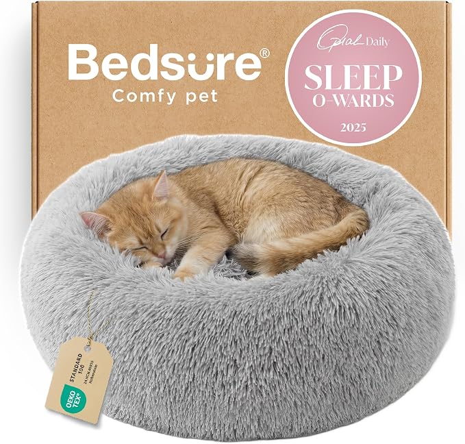 Bedsure Calming Cat Beds Donut Round Washable Kitten Bed,20 inches | Fluffy Faux Fur Cuddler,Anti-Slip Bottom,Anti-Anxiety,Deep Sleeping for Cats&Small Pets Up to 15 Lbs,Pale Grey by Unknown