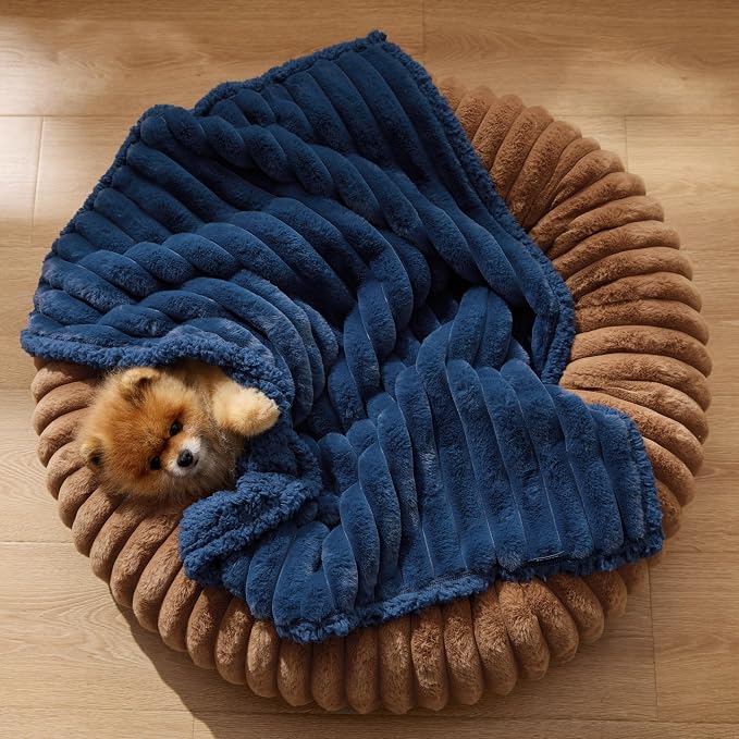 Bedsure ComfyFleece™ Waterproof Dog Blankets for Small Dogs,25x35 | Soft Plush Puppy Cat Blanket, Washable Corduroy Fleece,Cozy Calming Reversible Furniture Protector Indoor for Pet, Navy Blue - Image 9