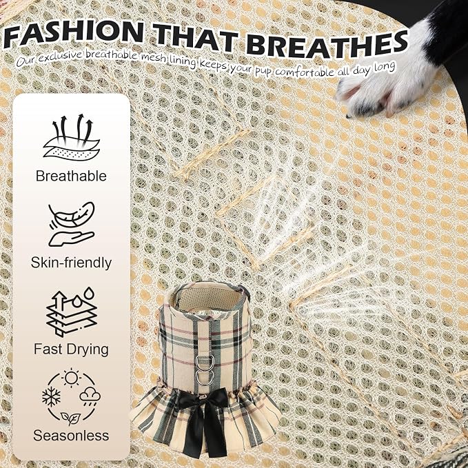EXPAWLORER Dog Harness Small Medium Sized Dogs, No Choke No Pull Mesh Vest | Plaid Dog Dress Bowknot Harness and Leash Set Soft Cute Princess Puppy Outfits Clothes Costume for Girls Party Cats Beige S - Image 4