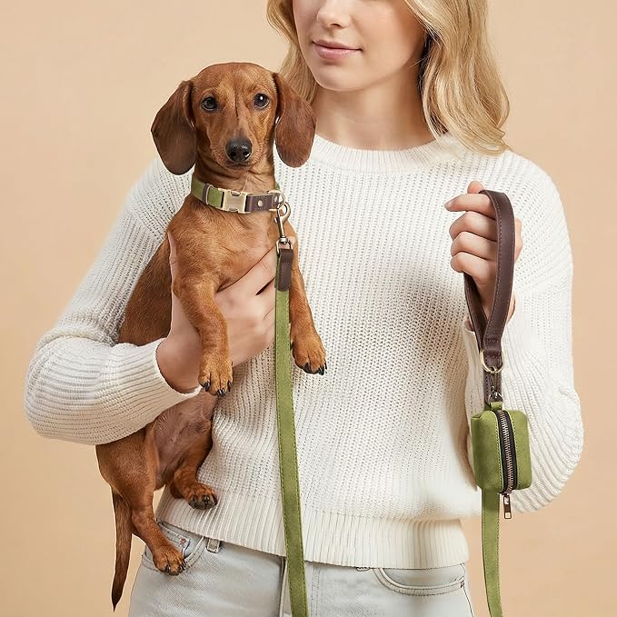 PU Leather Dog Leash for Small Dogs, 5ft Padded Handle, Olive Green | Comfortable Grip for Daily Walking Training, Full Control, Metal D-ring, Tangle-Free 360° Swivel Clasp, Easy to Clean, 5/8in - Image 2
