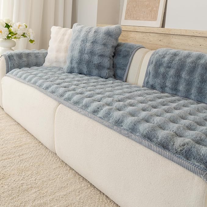 Faux Fur Couch Cover for Dogs, L Shaped Sofa Cover for Pets. | 27"x56",Light Grey,L Shaped,Washable,Non-Slip,Furniture Protector,No Linting,Pet Friendly,Living Room. by Buzyset