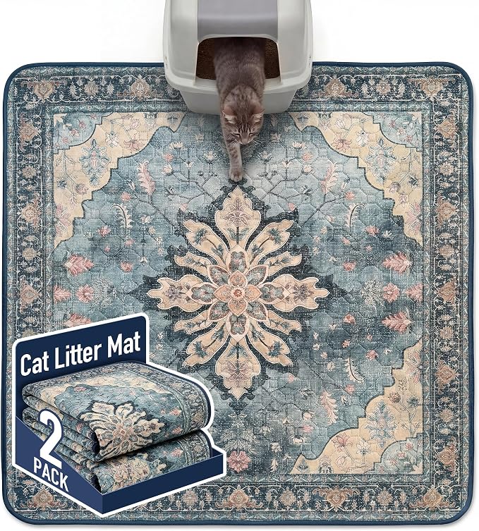 Hompet Cat Litter Mat 2 Pack, 54x54 Large Machine Washable Trapping Mats for Cats, Super Absorbent & Urine-Proof Cat Litter Box Mat for Floor, Waterproof & Non Slip Kitty Litter Rug by Hompet