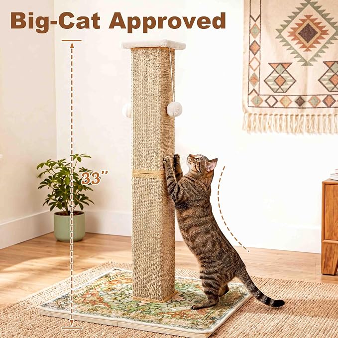 Tall Cat Scratching Post for Indoor Cats Adults with Carpet, Green | 33 Inch, Large Cat Post with Perch, Heavy Duty&Stable, Sisal Rope, Cute Cat Scratcher with Boho Carpet & Dangling Ball Toys - Image 2