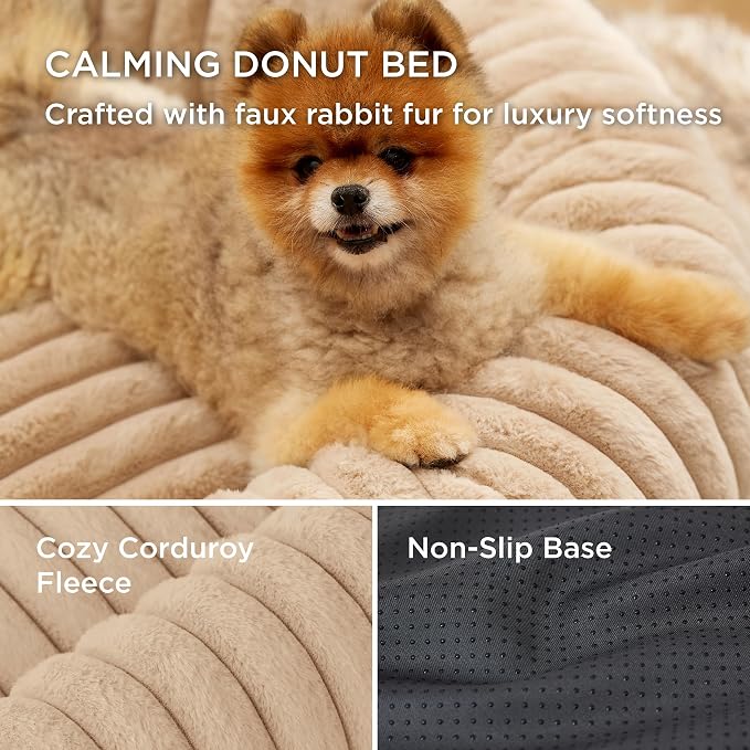 Bedsure ComfyFleece™ Donut Cat Bed for Indoor Cats with Washable Cover | 20x20x6in, Calming Round Kitten Beds,Support Plush Puppy Bed, Removable Corduroy Fleece,Anti Slip Bottom,Sandy Beige - Image 3
