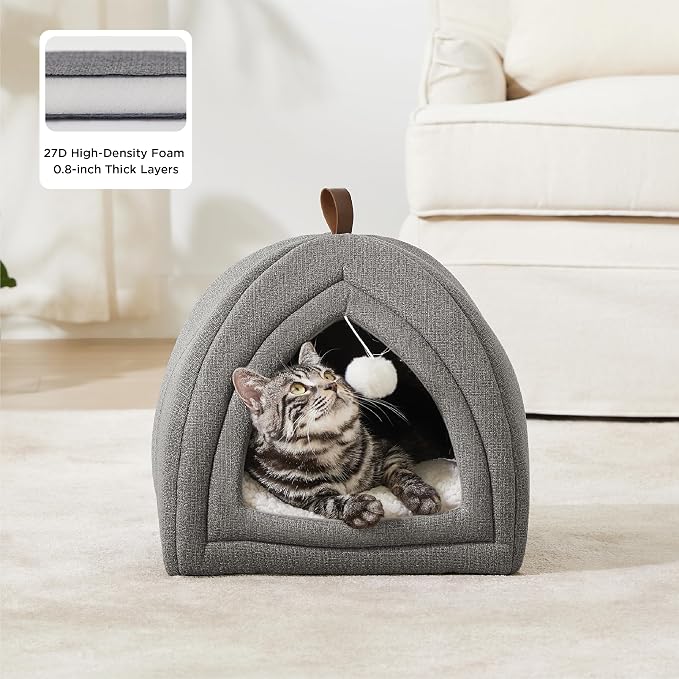Bedsure 2in1 Cat Beds for Indoor Cats Cave for Kitten with Washable Pillow | 16in, Cat House for Small Pet, Covered Cat Tent, Foldable Hideaway, Fluffy Ball, Anti Slip Bottom, Removable Cushioned ,Grey - Image 2