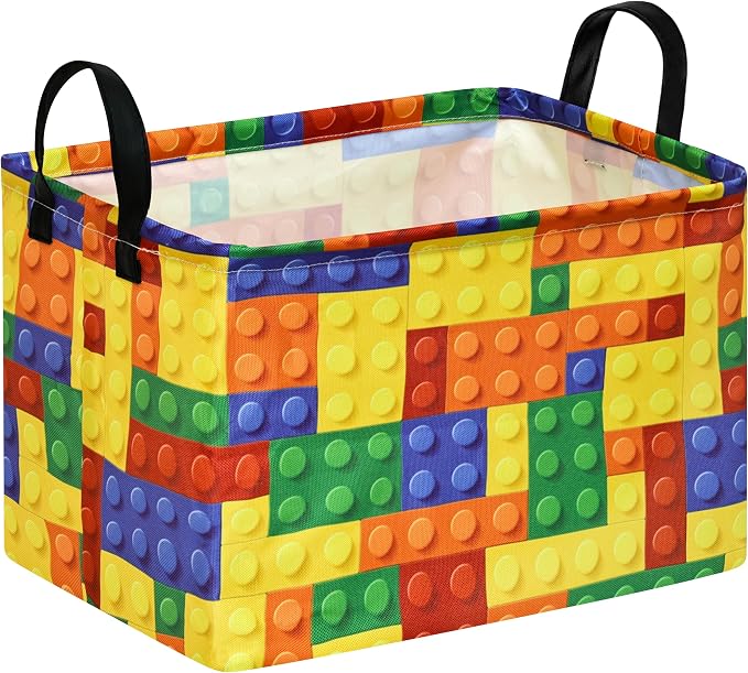 Colorful Building Blocks Print Storage Basket, Waterproof Lining Organizer Bins, Leather Handles, Collapsible for Kids Toys, Clothes, Laundry, Gift Basket by Unknown