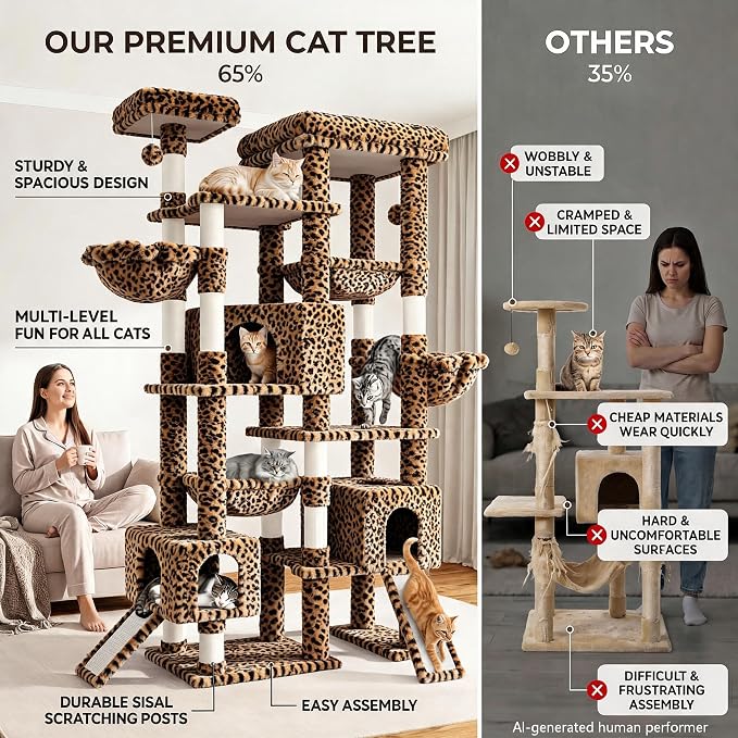 Sha Cerlin 87 in Multi-Level Tall Cat Tree Tower for Large Cats/Extra Wide Feline Activity Center/Sisal Scratching Posts/Wide Base/Cozy Plush Perches/Baskets/Hammocks/Toy Balls/Leopard Print - Image 6