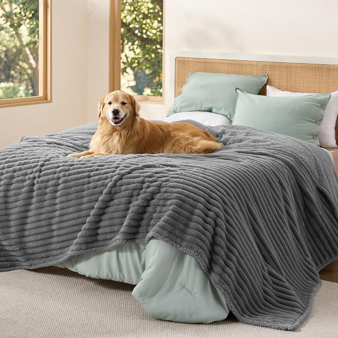 Bedsure ComfyFleece™ Waterproof Blanket for Bed, King（86"x108"） Warm Grey | Soft Plush Bed Couch Cover Corduroy Fleece for Furniture Protector, Cozy Calming Reversible Dog Blankets for Large Dogs Pet by Unknown
