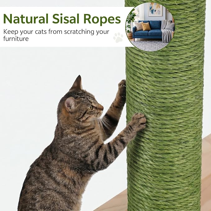 Wood Cat Tower for Self-Cleaning Litter Box, with Faux Plant, 58In | Multi-Level Cat Tree for Adult Large Cats, with Cozy Plush Bed, House, Scratching Posts, Cat Furniture for Indoor Cats, Green - Image 5