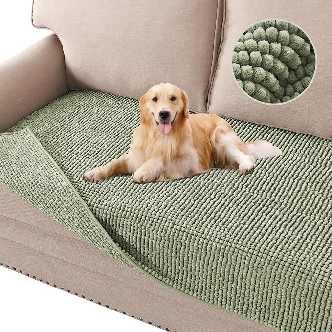 H.VERSAILTEX Plush Chenille Dog Bed Cover Thick Soft Sofa Cover for 3 Cushion Couch Anti Slip Couch Cover Furniture Protector for Dog, Pet, Cat (35" x 74", Sage) by HVERSAILTEX
