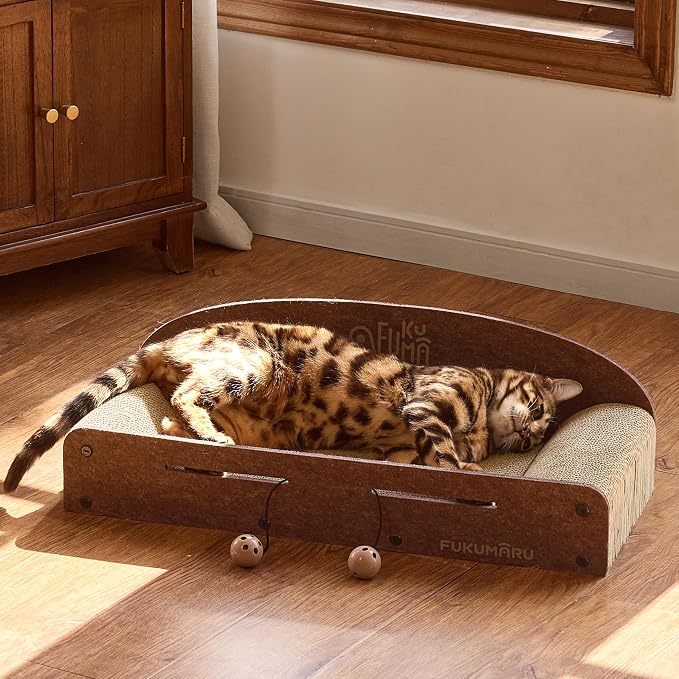 FUKUMARU Large Cat Scratcher Bed, 26 Inch Cat Scratching Bed Sofa Indoor | Cardboard Cat Scratcher with 2 Reversible Scratch Pad Refills, Durable Large Cat Scratching Lounger with Ball Toy, Caramel - Image 7